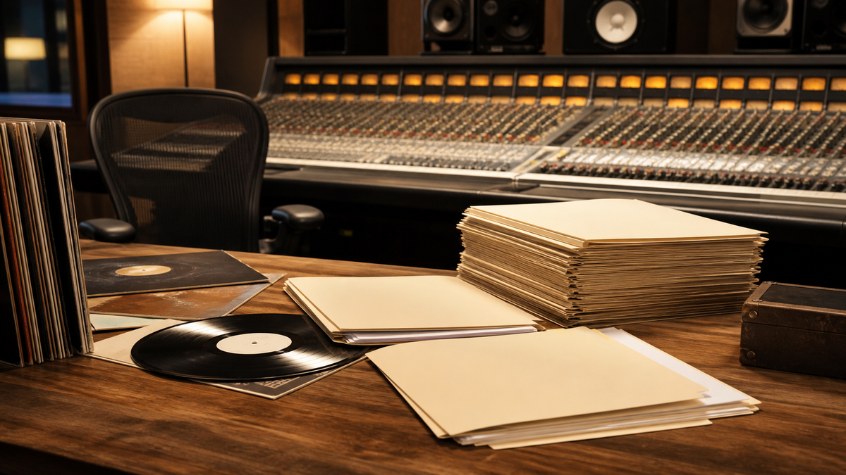 A studio mixing console next to organized physical file folders.