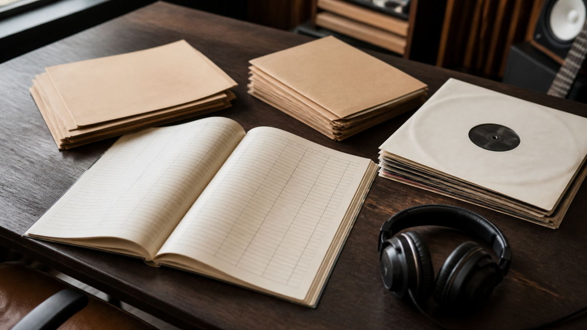 Blank ledger pages, closed folders, studio headphones, and vinyl records on a tidy desk.