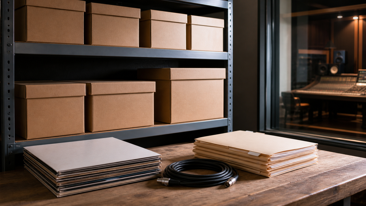 Closed archival boxes and unmarked folders beside a vinyl record.