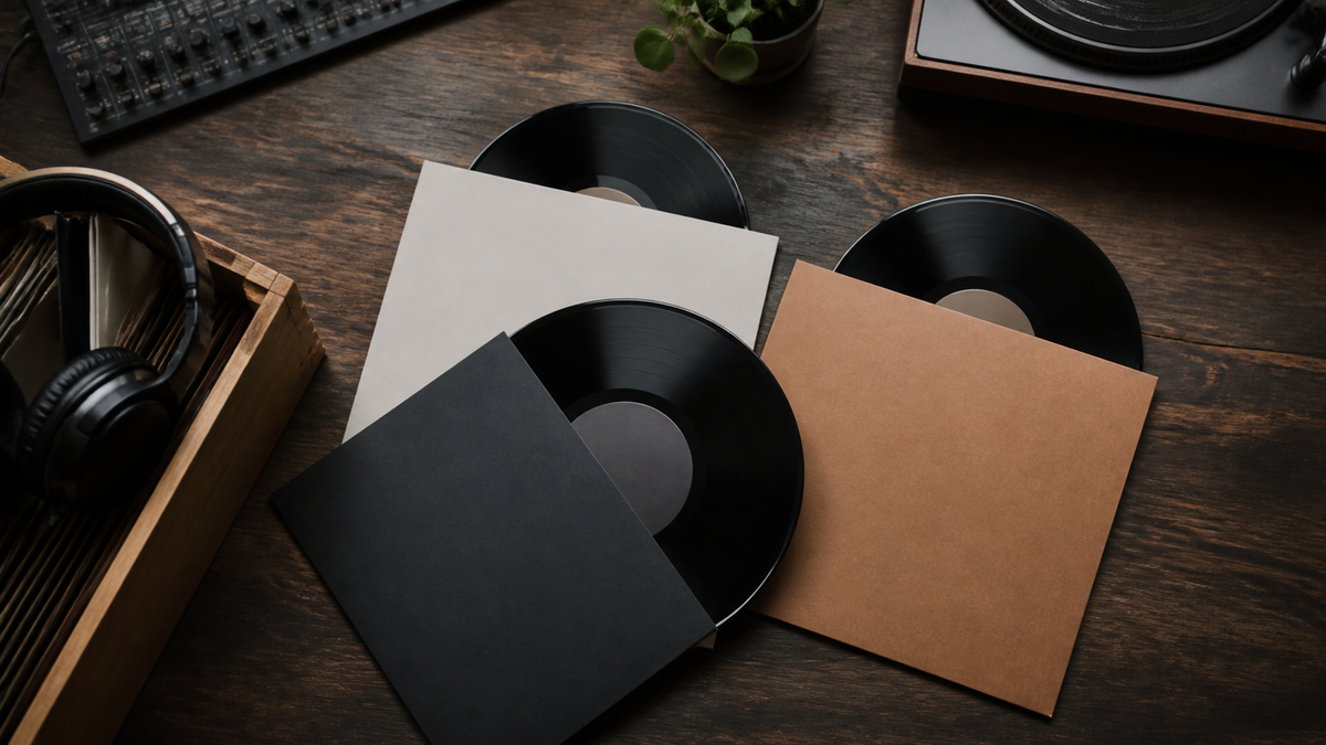 working-rights-royalty-file-independent-music-catalogs-featured Unmarked vinyl records in plain sleeves on a wooden desk