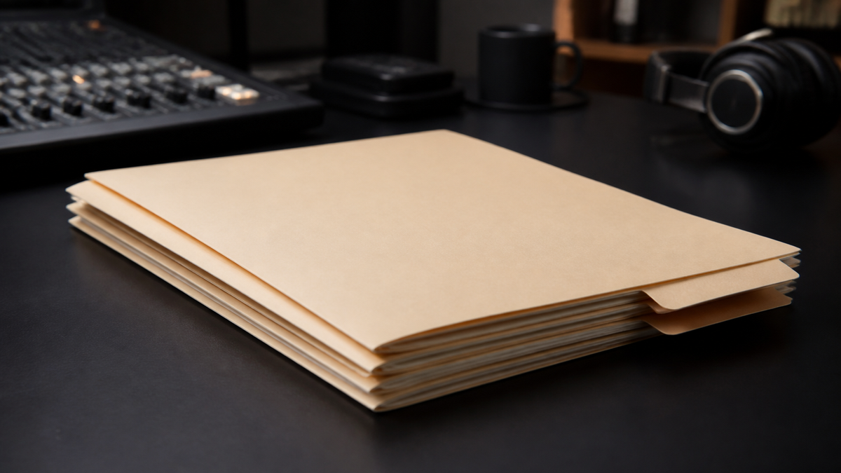 A stack of unmarked manila folders on a black table