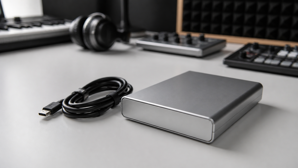 An unmarked silver external hard drive on a light grey desktop